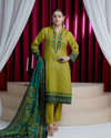 3 Piece - Arfa Unstitched Olive Yellow Ladies Transliminor Magic Print Lawn Suit