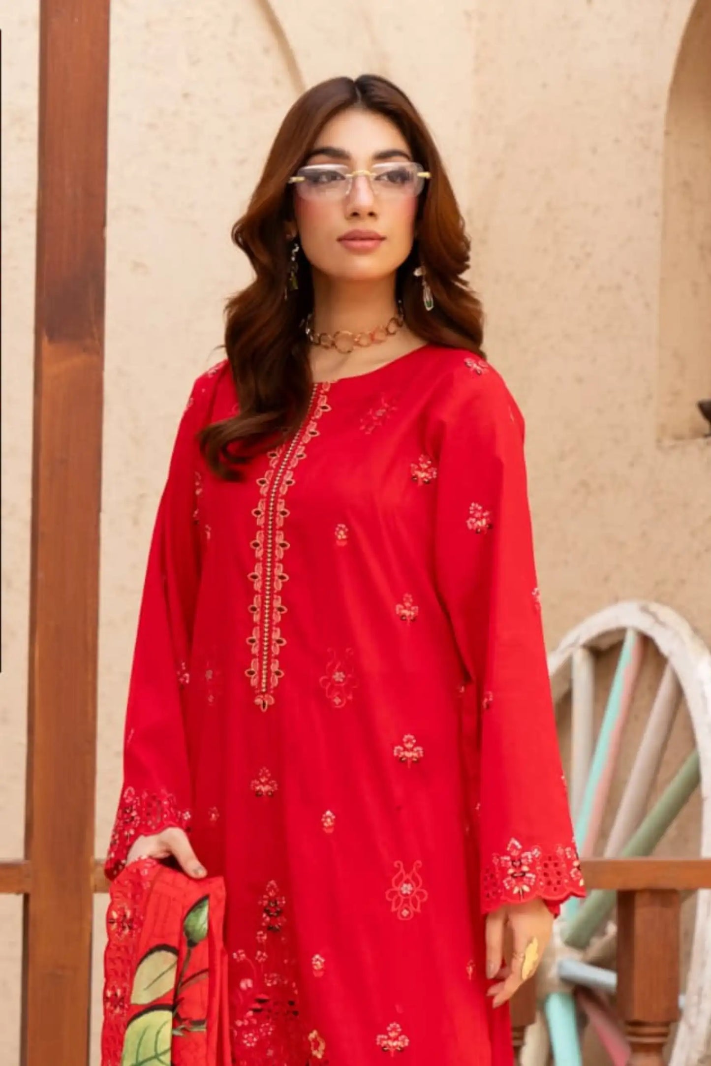 3 Piece - Gold Unstitched Red Embroidered Lawn Suit