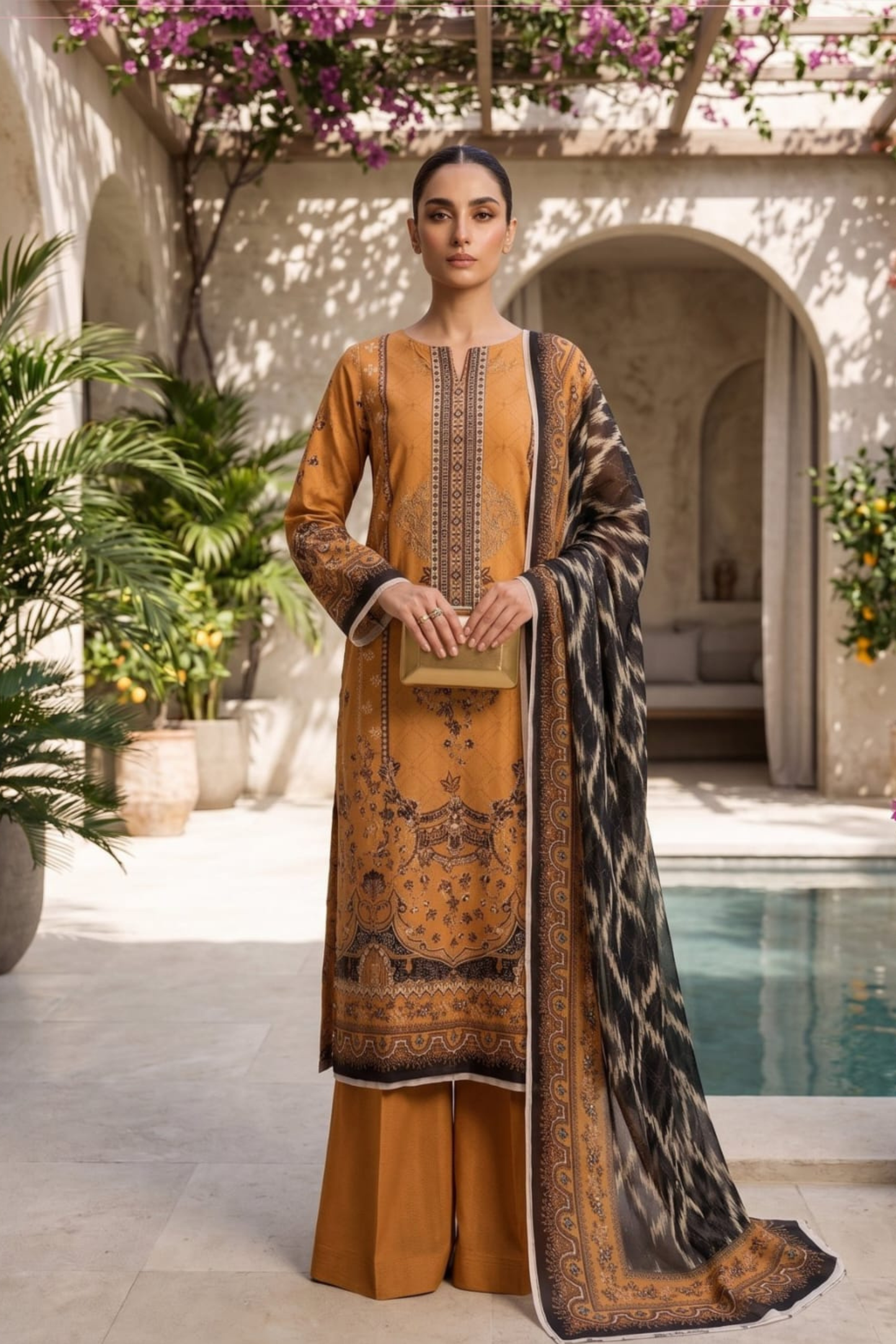 3 Pieces - Sohni Dharti Unstitched Orange Print Lawn Suit