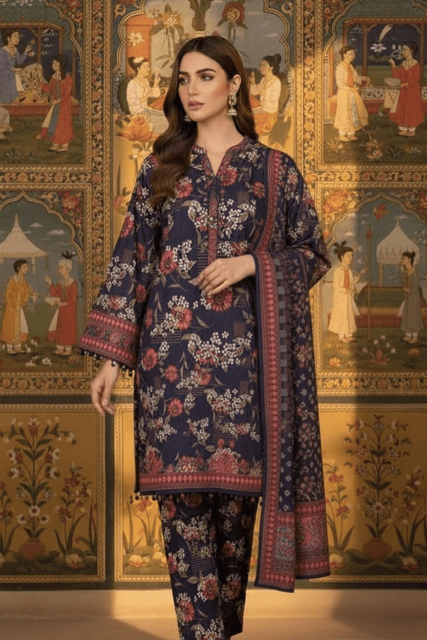 3 Pieces - Safina Unstitched Dark Purple Printed Khaddar Suit