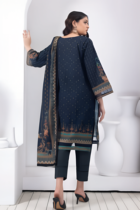 3 Pieces - Regalia Stitched Grayesh Black Printed Khaddar Suit