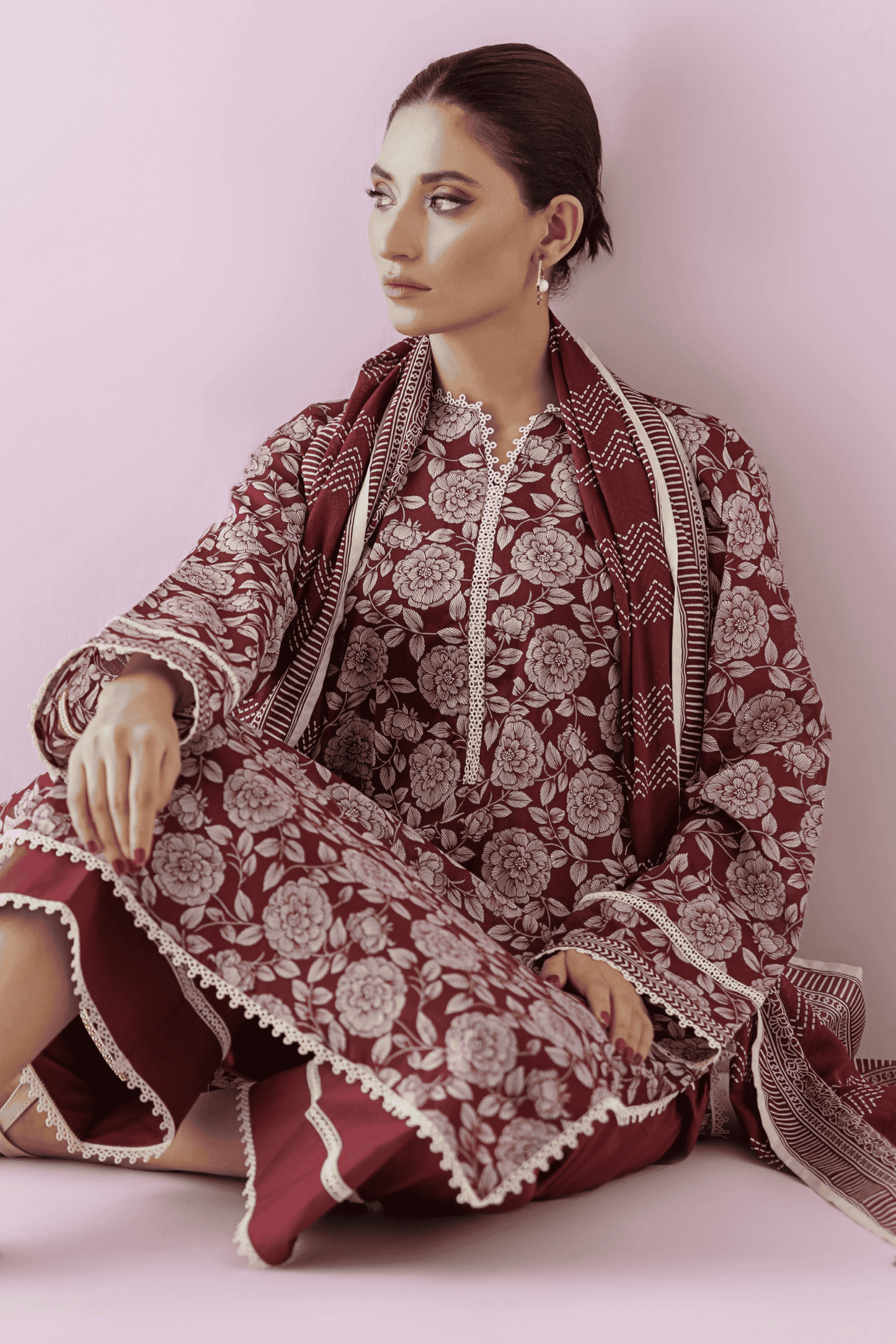 3 Pieces - Orient Unstitched Maroon Printed Lawn Suit