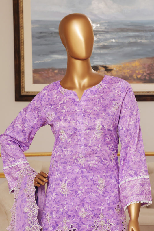 3 Pieces - Riwayat Unstitched Purple Embroided Lawn with Cutwork Chiffon Dupatta Suit