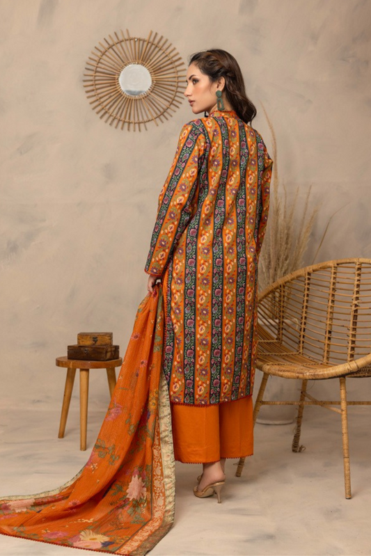 3 Pieces - Regalia Unstitched Orange Fancy Zari Dupatta Printed Shirt Lawn Suit