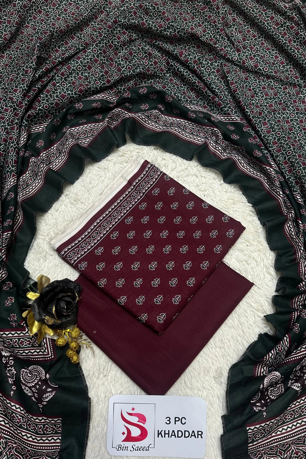 3 Pieces - Bin Saeed Unstitched Maroon Ladies Printed Khaddar Suit