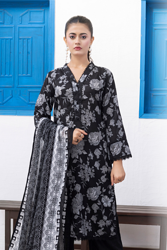 3 Pieces - Regalia Unstitched Black Print Lawn Suit