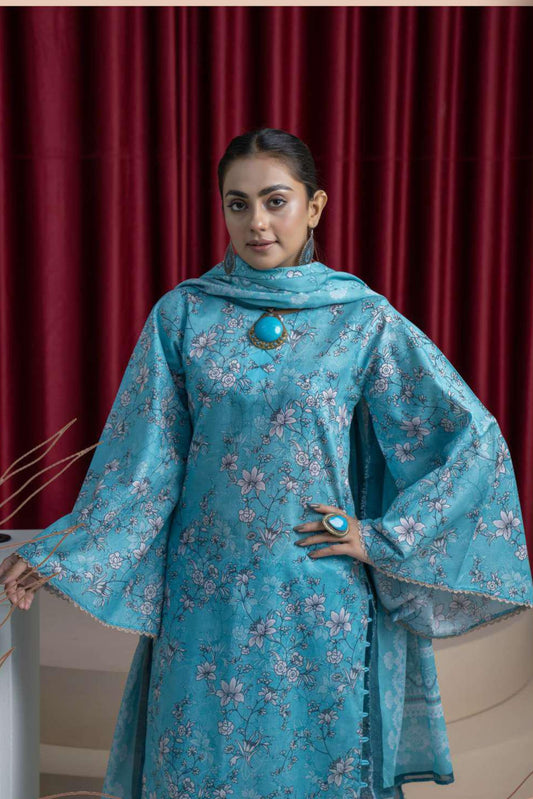 3 Pieces - B&C Unstitched Firozi Printed Lawn Suit