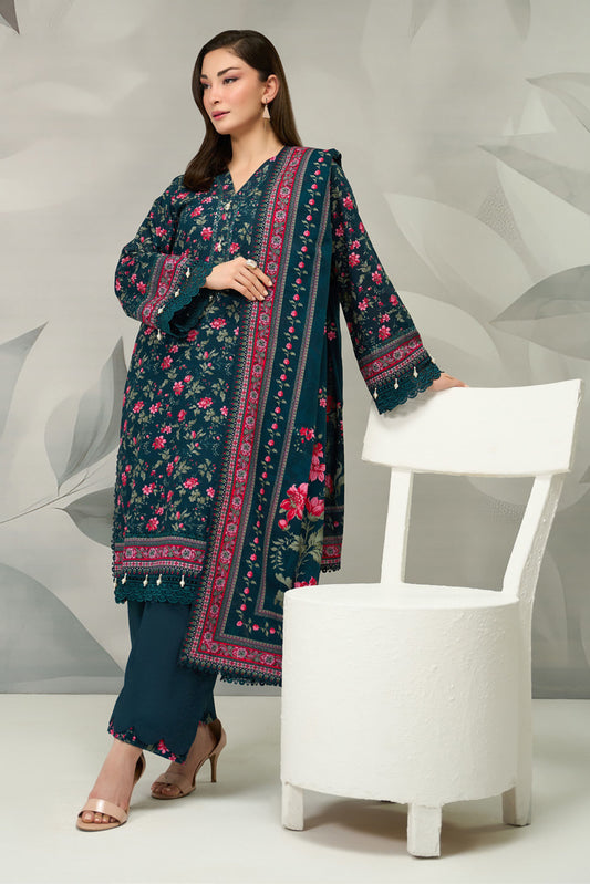 3 Pieces - Regalia Unstitched Blue Printed Khaddar Suit