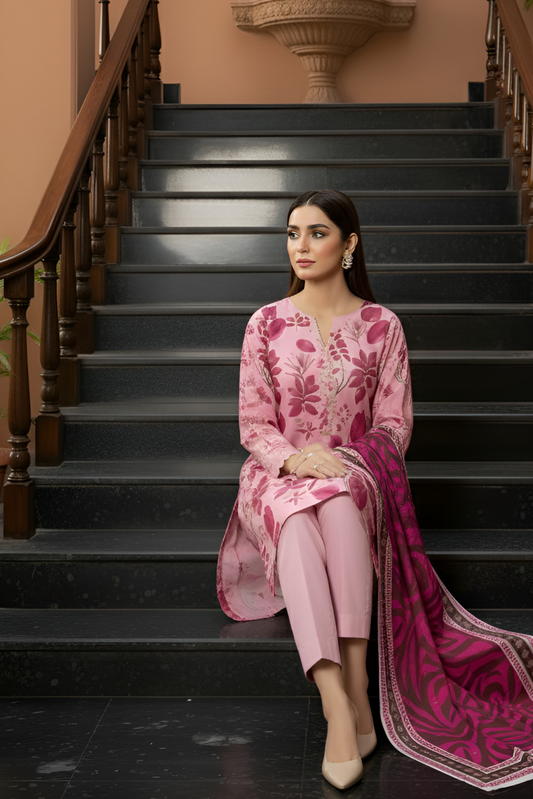 3 Pieces - Marooj Unstitched Baby Pink Printed Khaddar Suit
