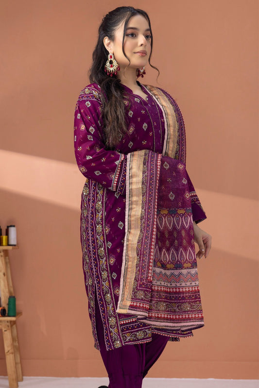 3 Pieces - Regalia Unstitched Purple Fancy Zari Dupatta Printed Shirt Lawn Suit