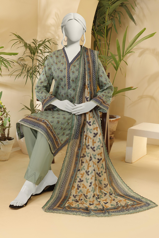 3 Pieces - Almeerah Unstitched Pista Printed Lawn Suit