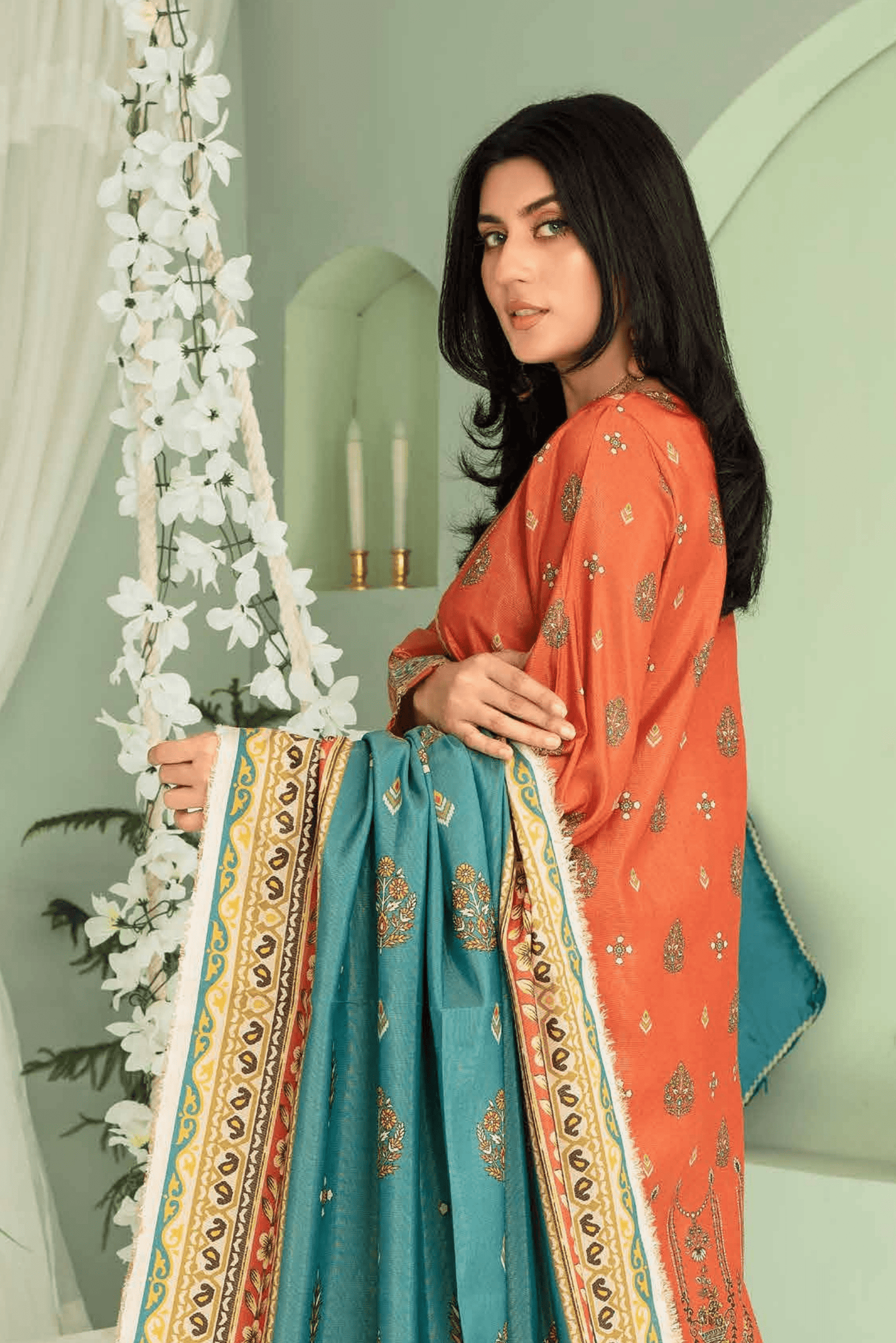 3 Pieces - Aizal Unstitched Orange Printed Shamray Linen Suit