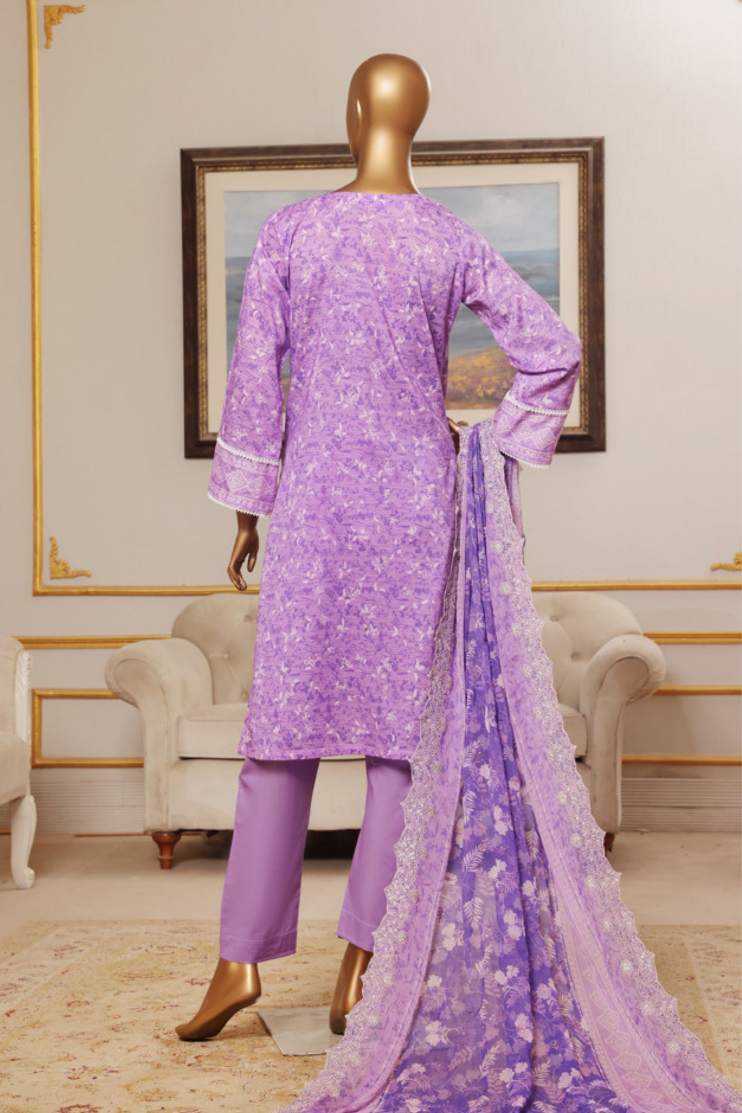 3 Pieces - Riwayat Unstitched Purple Embroided Lawn with Cutwork Chiffon Dupatta Suit