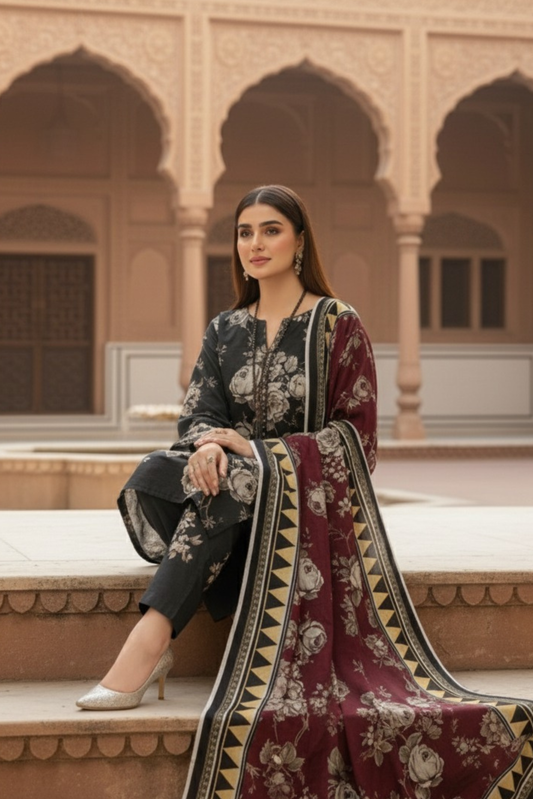 3 Pieces - Marooj Unstitched Black BanaDora Linen Suit