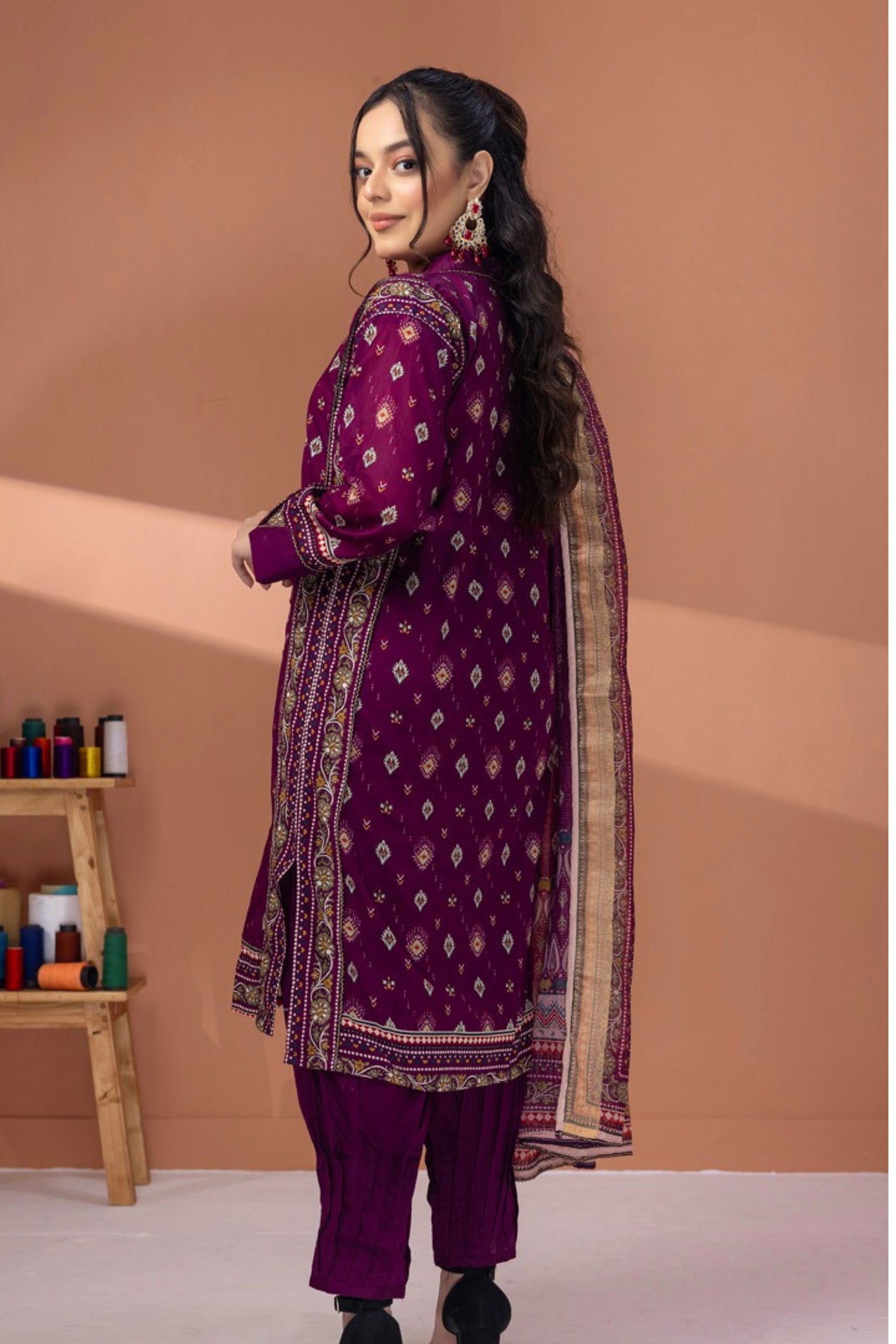 3 Pieces - Regalia Unstitched Purple Fancy Zari Dupatta Printed Shirt Lawn Suit