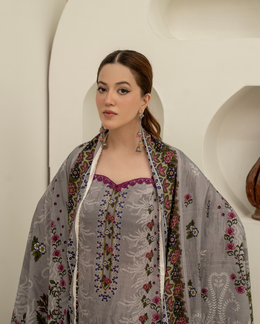 3 Pieces - Marooj Unstitched Grey BanaDora Linen Suit