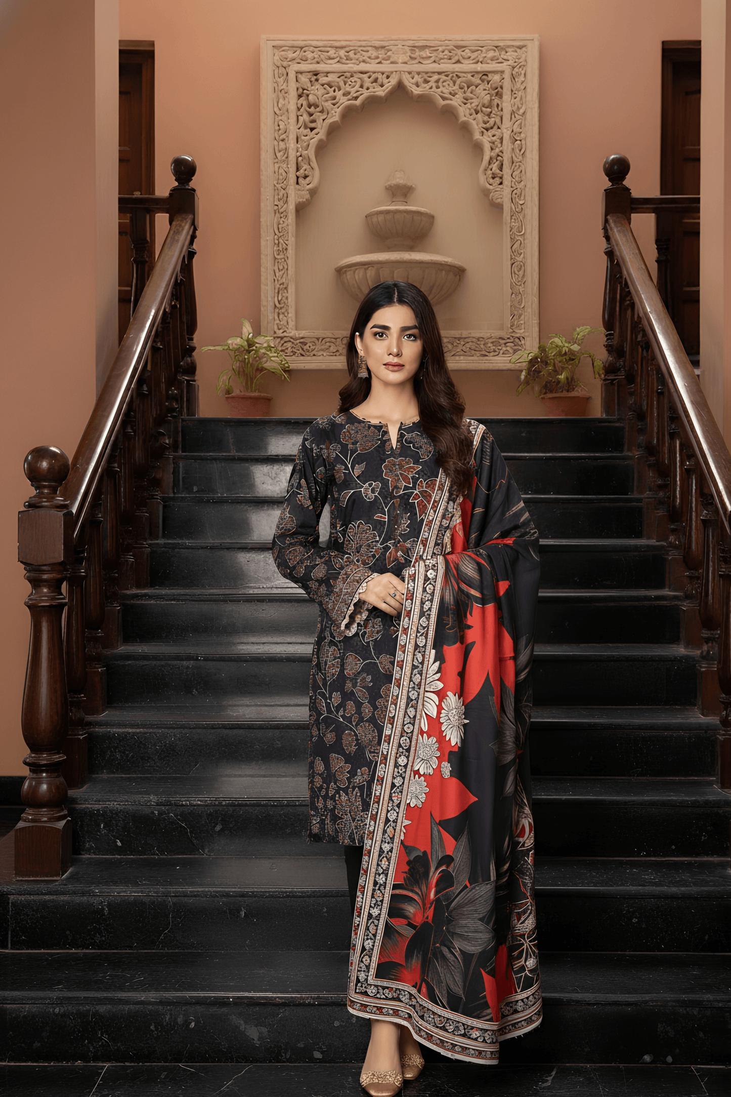 3 Pieces - Marooj Unstitched Graish Black Printed Khaddar Suit