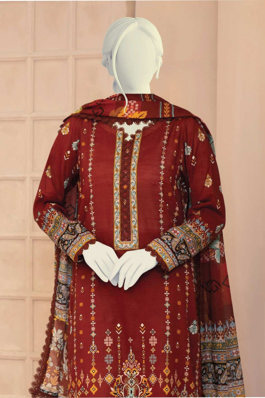 3 Pieces - Murashee Unstitched Maroon Printed Lawn Suit