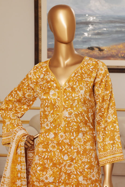 3 Pieces - Riwayat Unstitched Mustard Embroided Lawn with Cutwork Chiffon Dupatta Suit