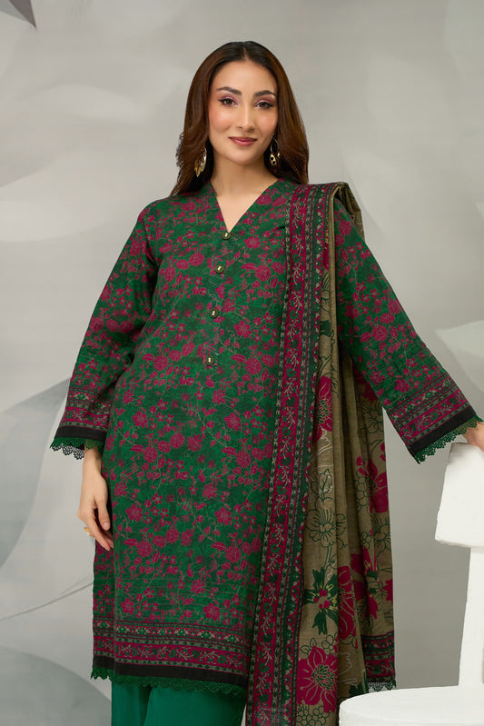 3 Pieces - Regalia Unstitched Green Printed Khaddar Suit