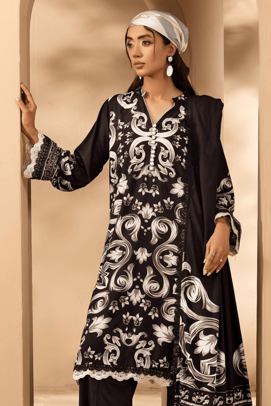 3 Pieces - Rangreza Unstitched Black Printed Linen Suit
