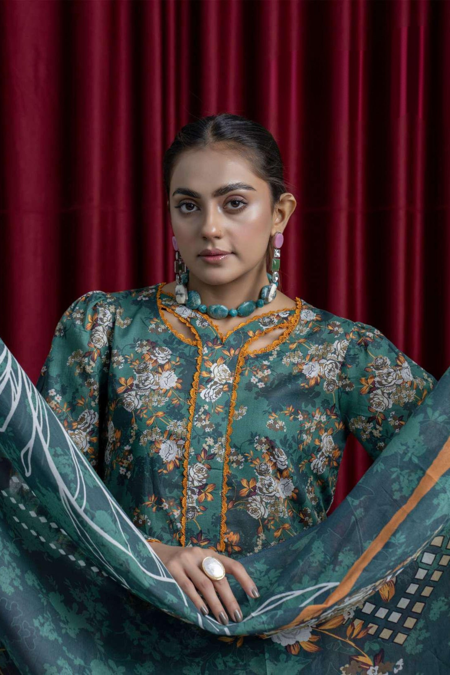 3 Pieces - B&C Unstitched Dark Green Printed Lawn Suit