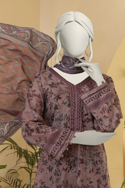 3 Pieces - Almeerah Unstitched Purple Printed Lawn Suit