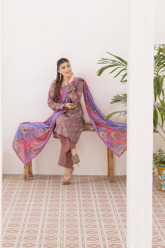3 Pieces - Regalia Unstitched wine Printed Lawn Suit