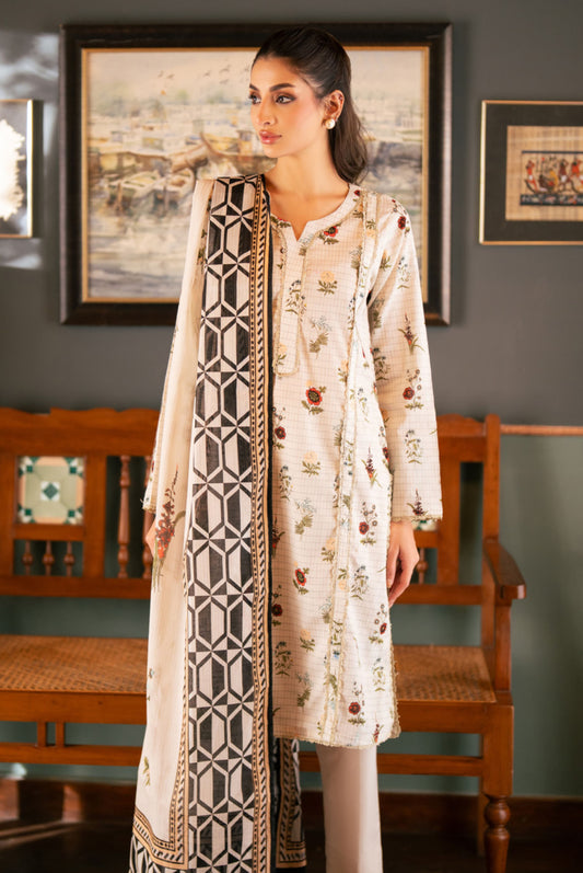 3 Pieces - Regalia Unstitched Off White Bana Dora Lawn Suit