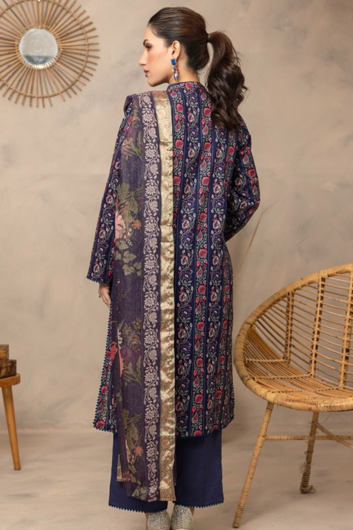 3 Pieces - Regalia Unstitched Navy Blue Fancy Zari Dupatta Printed Shirt Lawn Suit