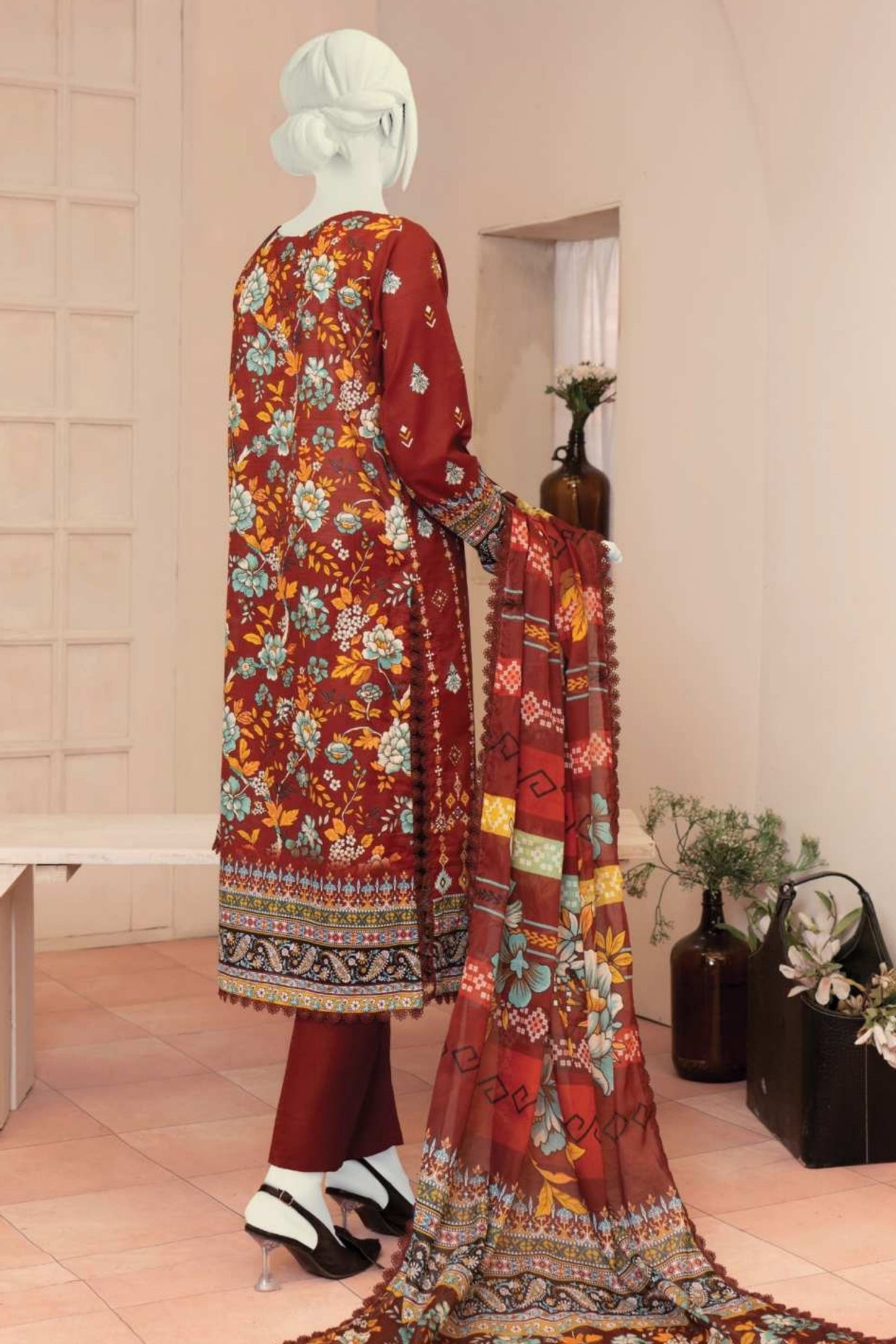 3 Pieces - Murashee Unstitched Maroon Printed Lawn Suit