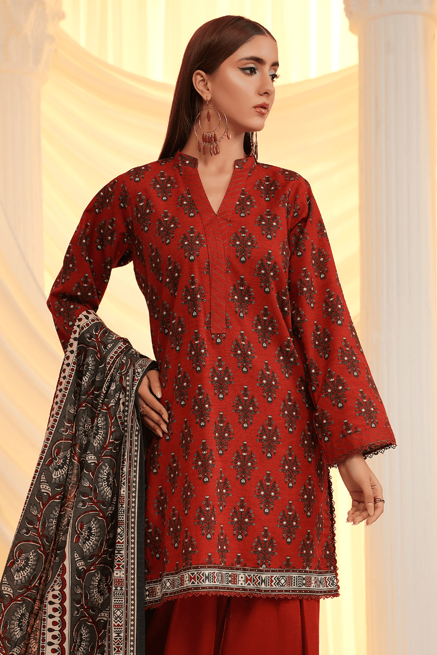 3 Pieces - Regalia Unstitched Red Printed Khaddar Suit
