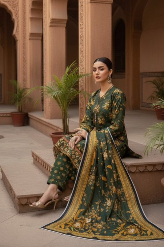 3 Pieces - Marooj Unstitched Green BanaDora Linen Suit