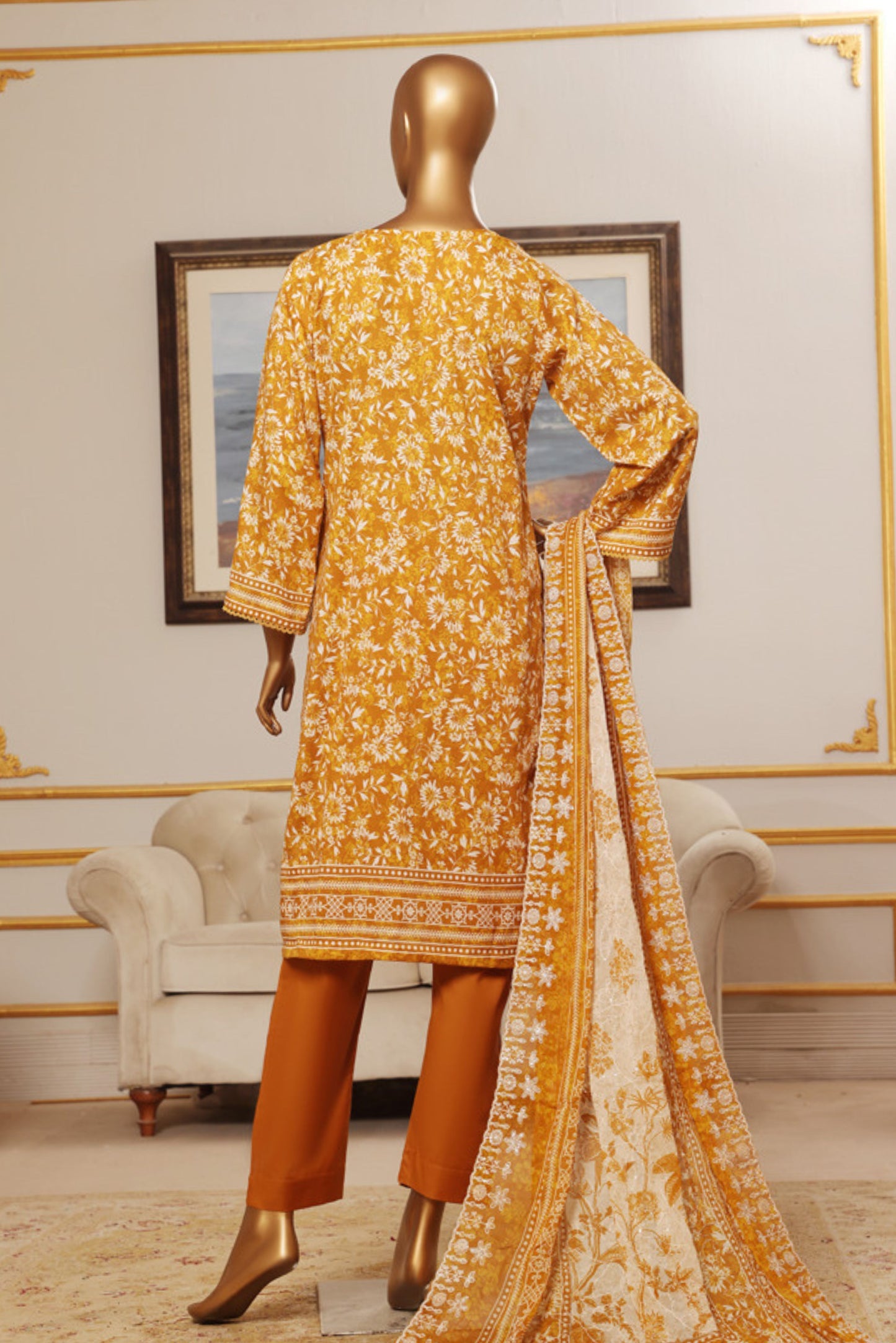 3 Pieces - Riwayat Unstitched Mustard Embroided Lawn with Cutwork Chiffon Dupatta Suit