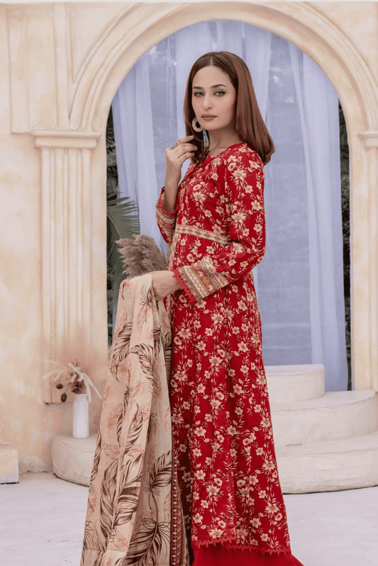 3 Pieces - Janan Unstitched Red Printed Lawn Suit