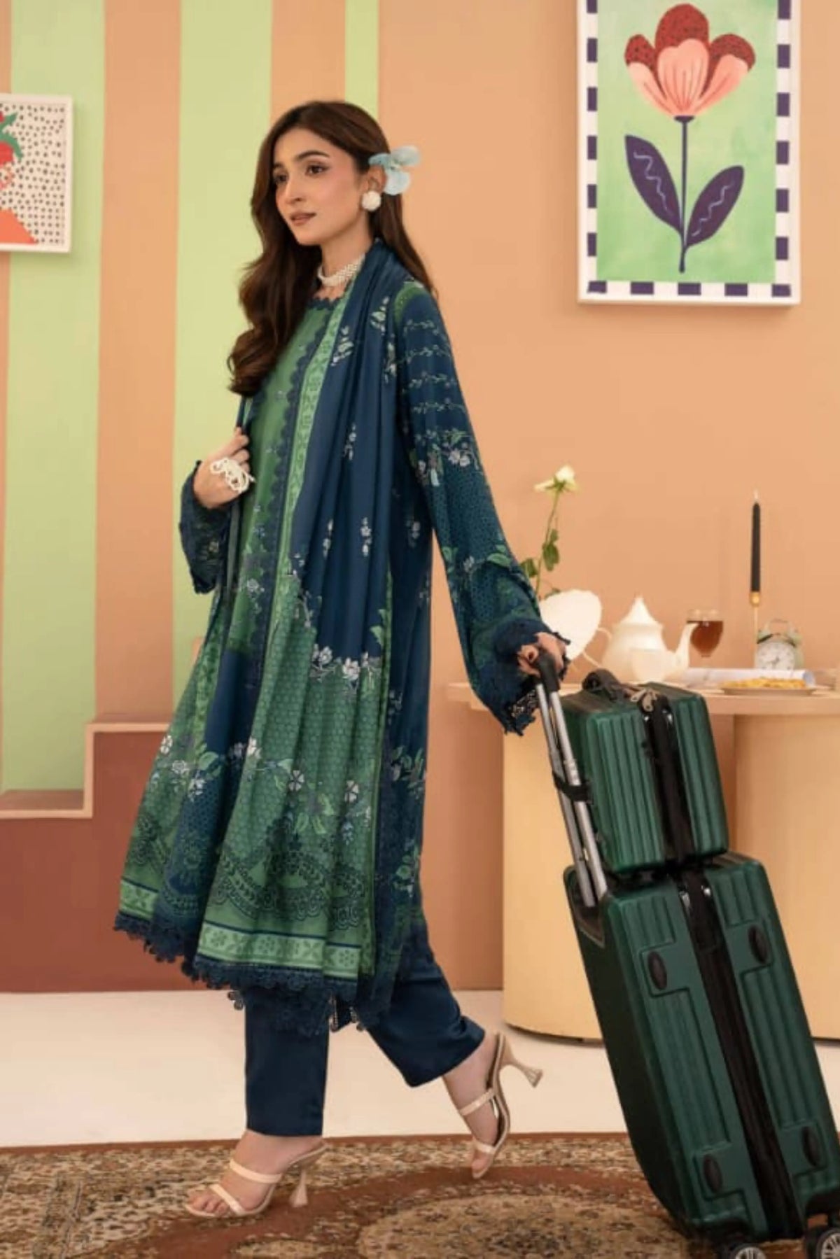 3 Pieces - Raabi Unstitched Green Printed Ladies Linen Suit