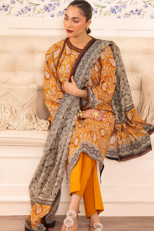 3 Pieces - GulAhmad Unstitched Mustard Yellow Printed Lawn Suit