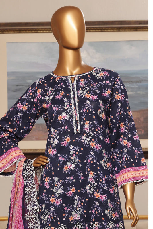 3 Pieces - Riwayat Unstitched Dark Purple Embroided Lawn with Cutwork Chiffon Dupatta Suit