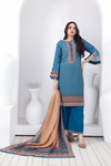 3 Pieces - Regalia Stitched Dusty Blue Printed Khaddar Suit