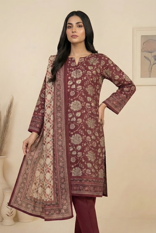 3 Pieces - Marooj Unstitched Maroon Transliminor Magic Print Lawn Suit