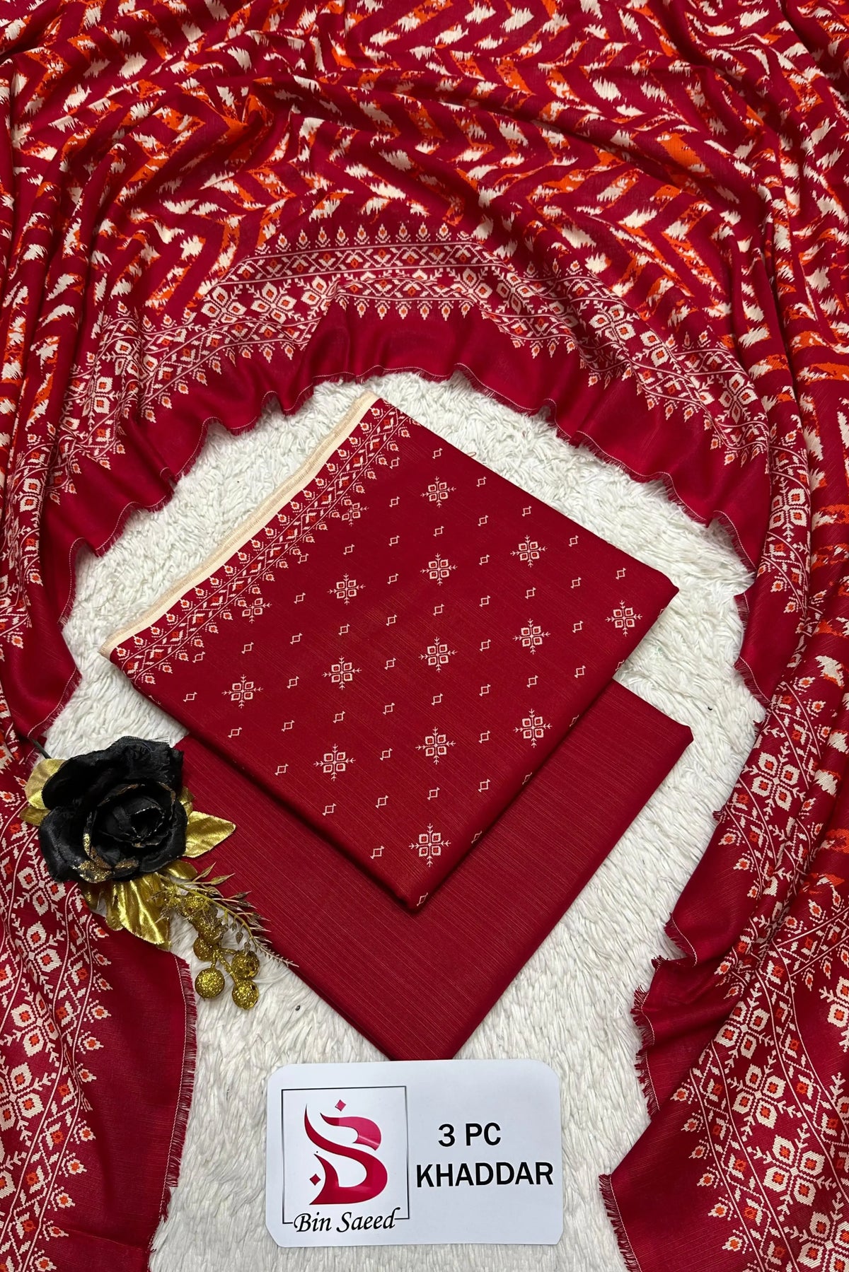 3 Pieces - Bin Saeed Unstitched Red Ladies Printed Khaddar Suit
