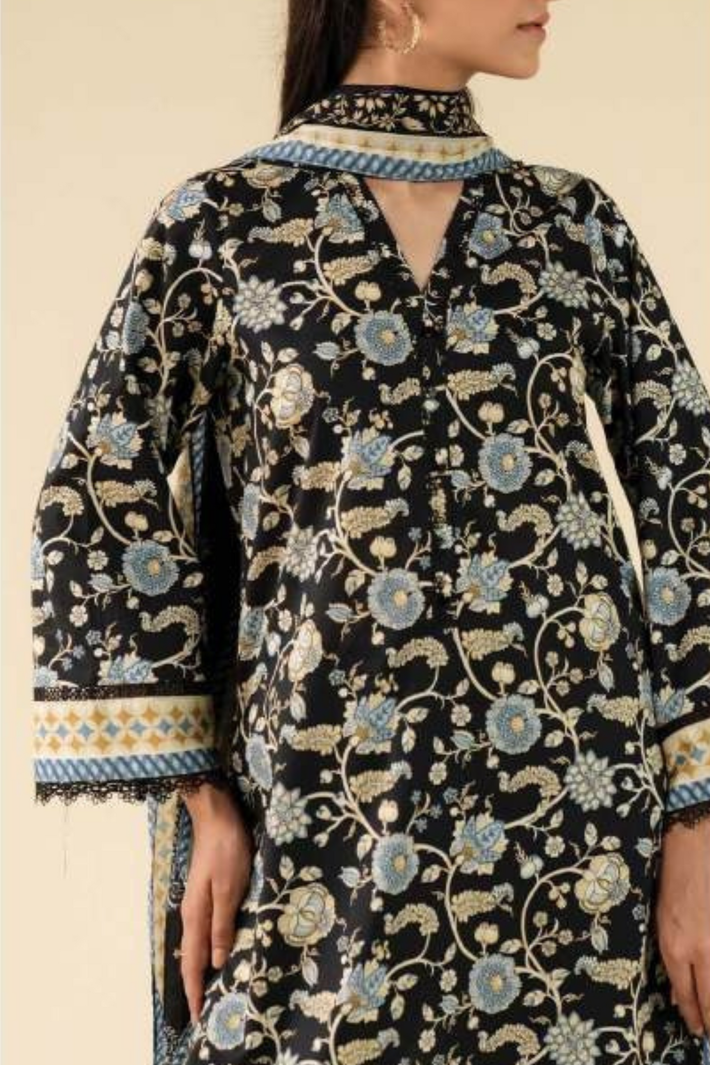 3 Pieces - Beyond East Unstitched Black Printed Lawn Suit