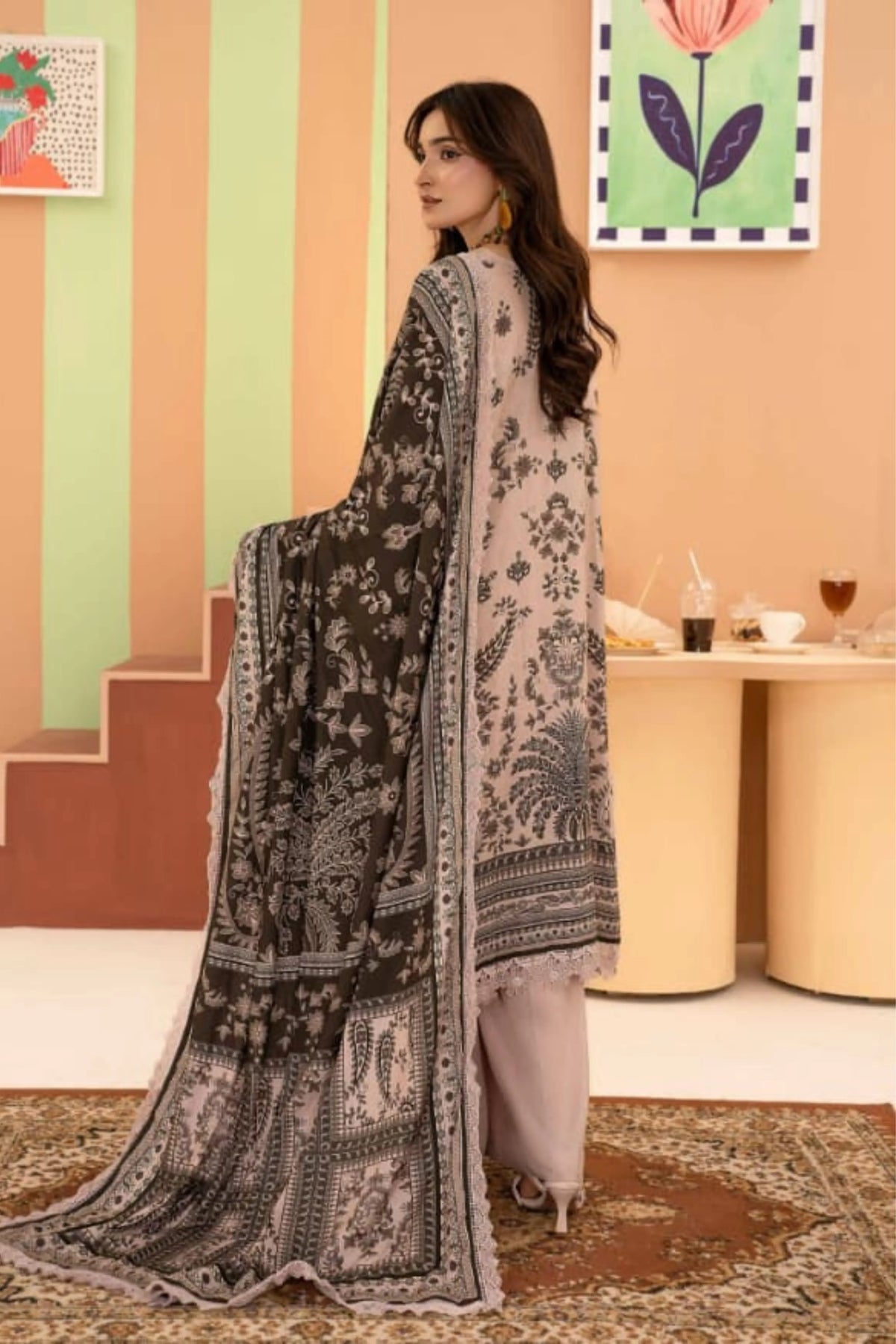 3 Pieces - Raabi Unstitched Skin Printed Ladies Linen Suit