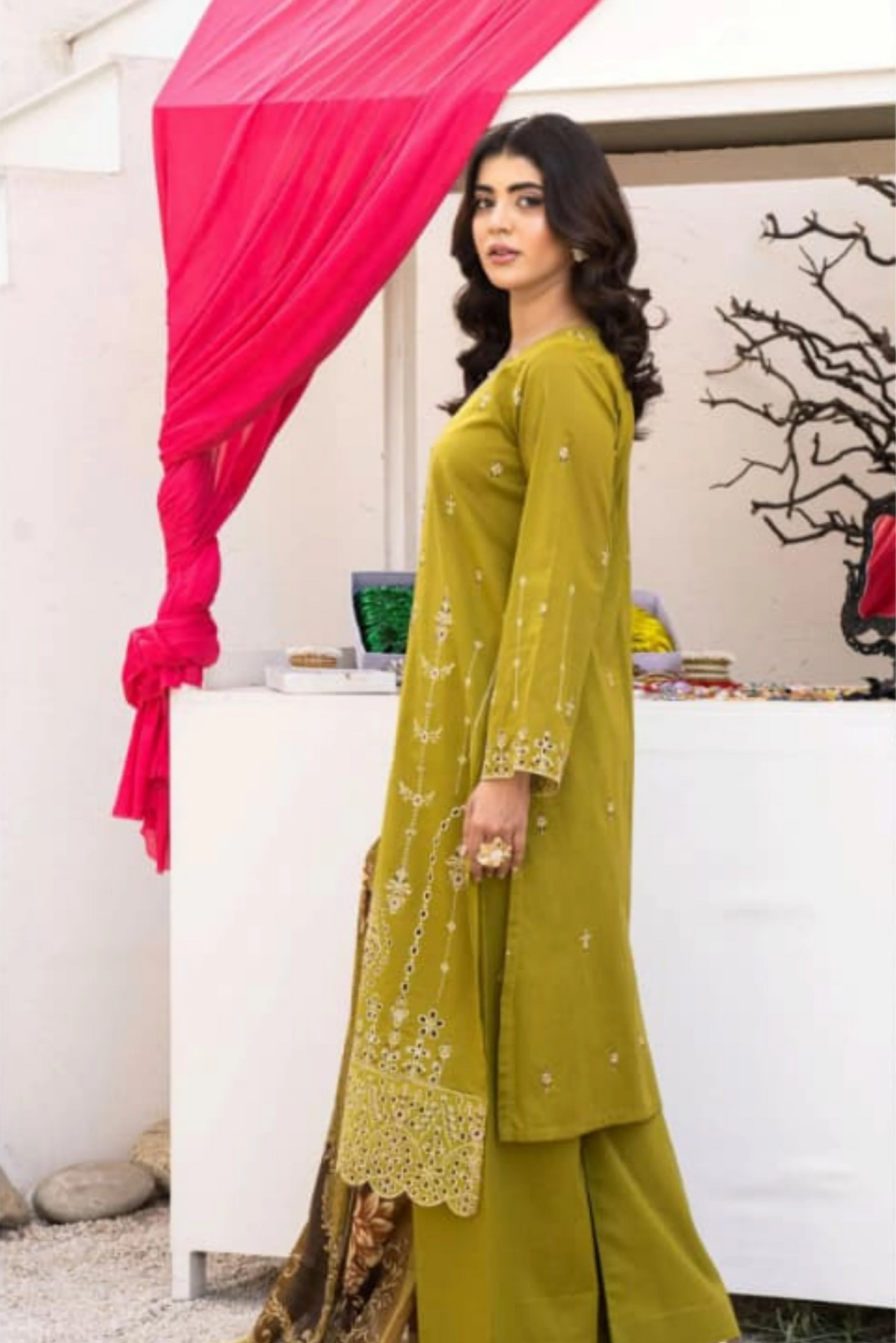 3 Piece - Gold Unstitched Mehndi Embroidered Lawn Suit