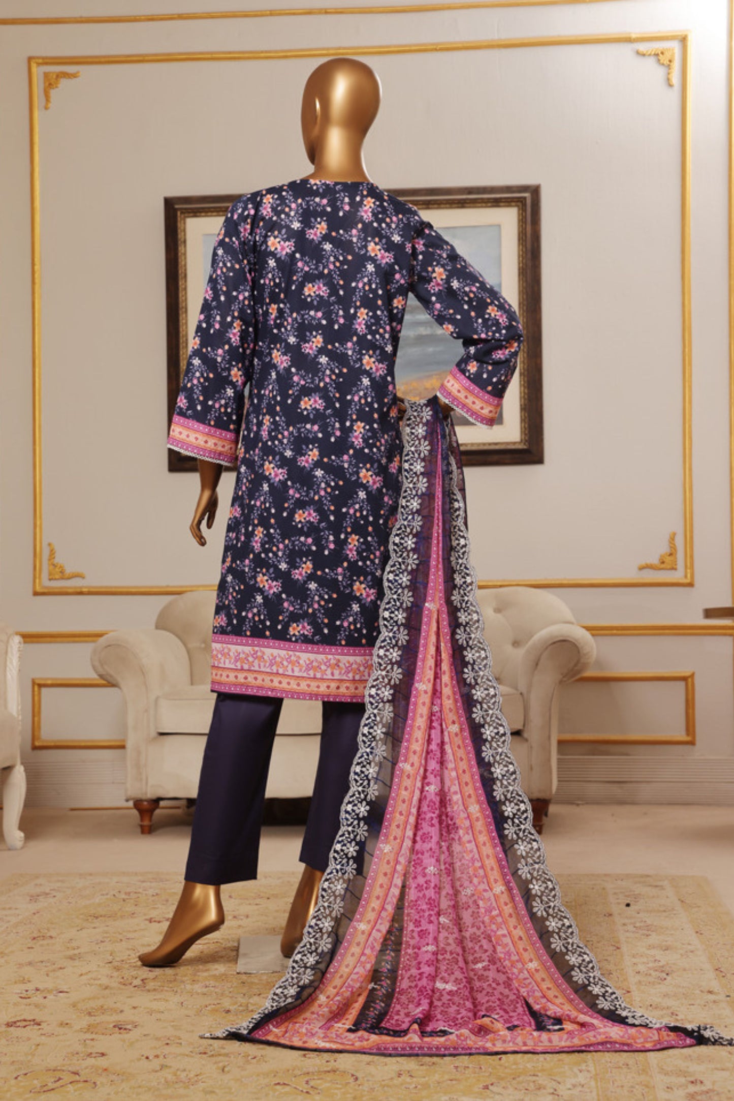 3 Pieces - Riwayat Unstitched Dark Purple Embroided Lawn with Cutwork Chiffon Dupatta Suit