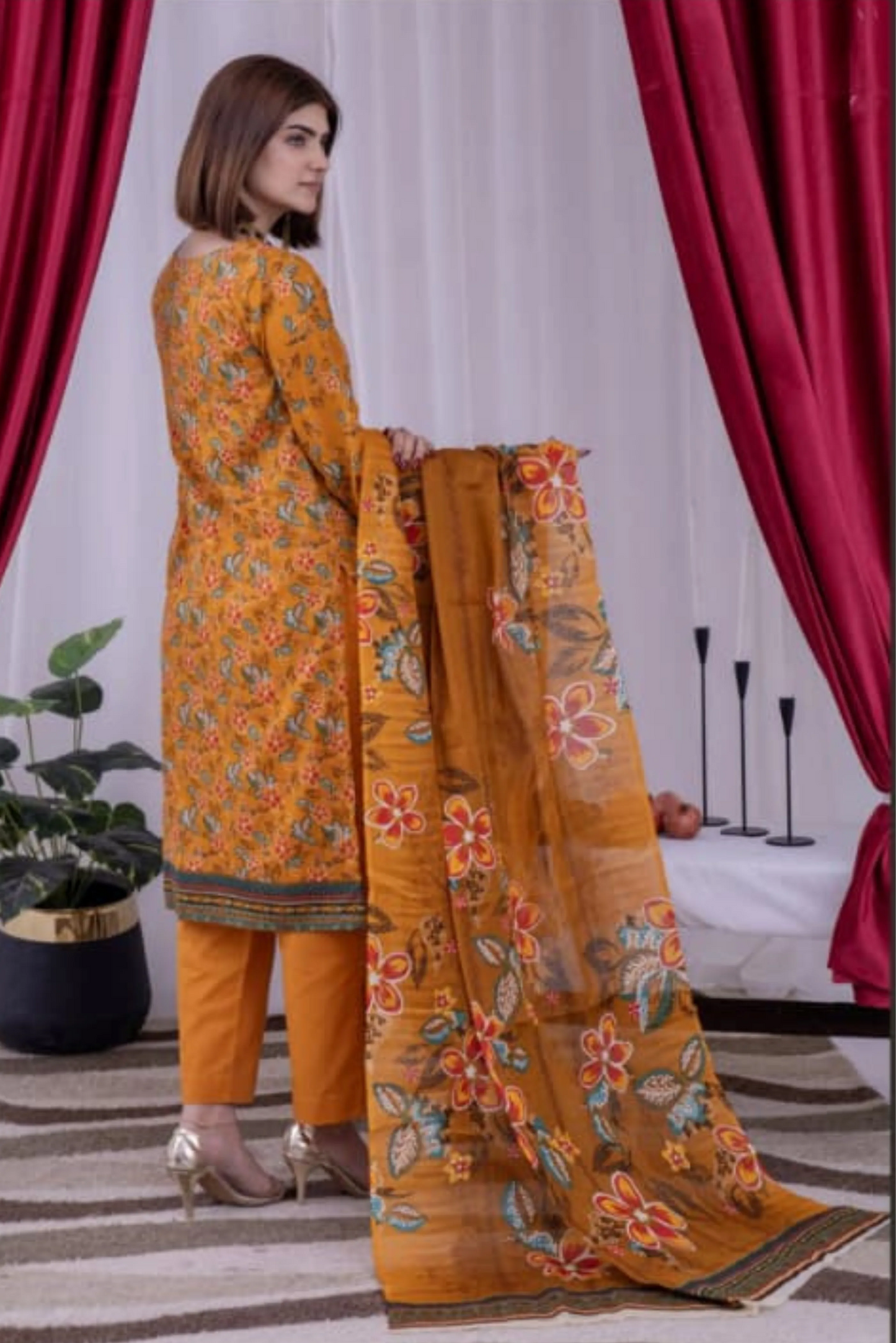 3 Piece - Arfa Unstitched Olive Yellow Ladies Transliminor Magic Print Lawn Suit