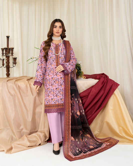 3 Piece - Mahi Unstitched Pink Ladies Print Lawn Suit