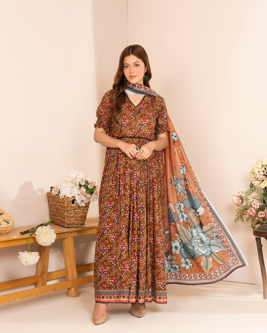 3 Piece - Mahi Unstitched Brown Ladies Print Lawn Suit