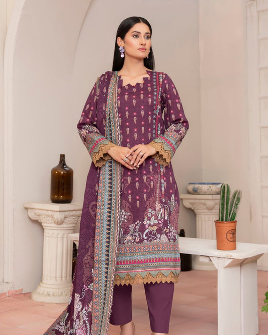 3 Piece - Junoon Unstitched Purple Ladies Banadora Print Lawn Suit