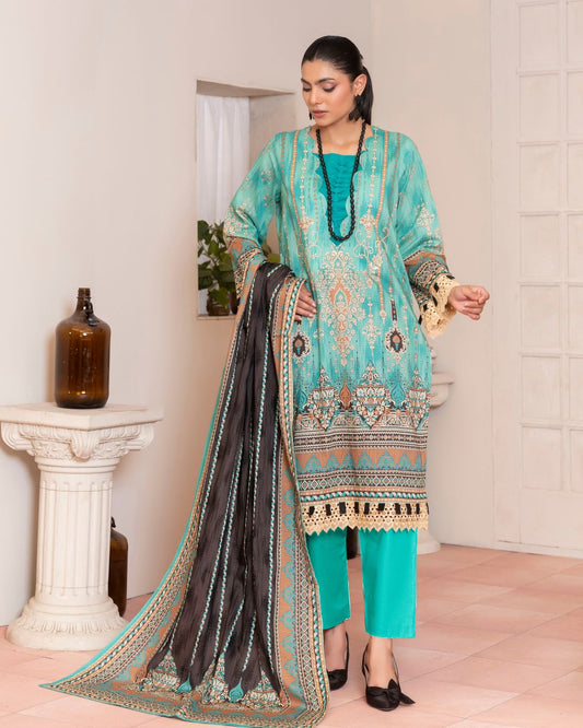 3 Piece - Junoon Unstitched Blue Ladies Banadora Print Lawn Suit